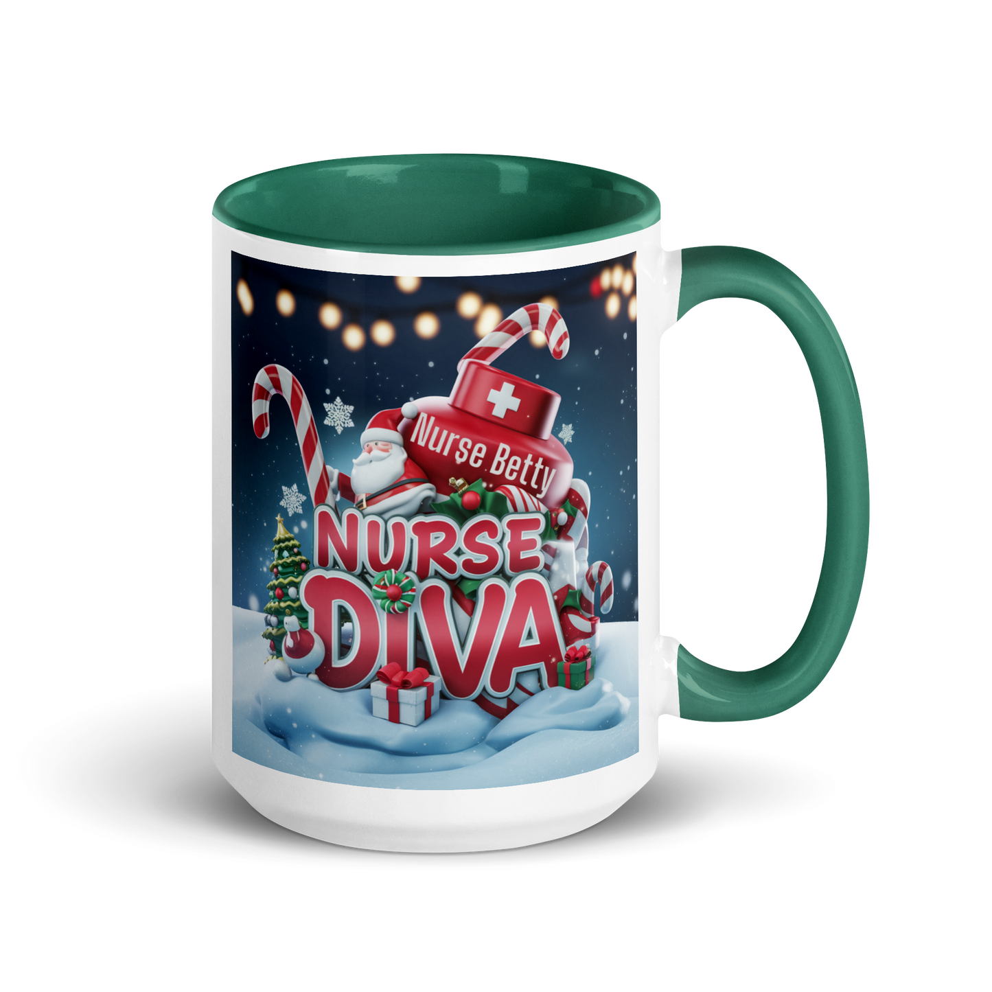 A vibrant "nurse diva" design mug, with green handle and matching inside, perfect for Christmas celebrations and personalized gifts for nurses.