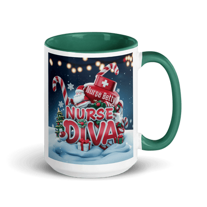 A vibrant "nurse diva" design mug, with green handle and matching inside, perfect for Christmas celebrations and personalized gifts for nurses.