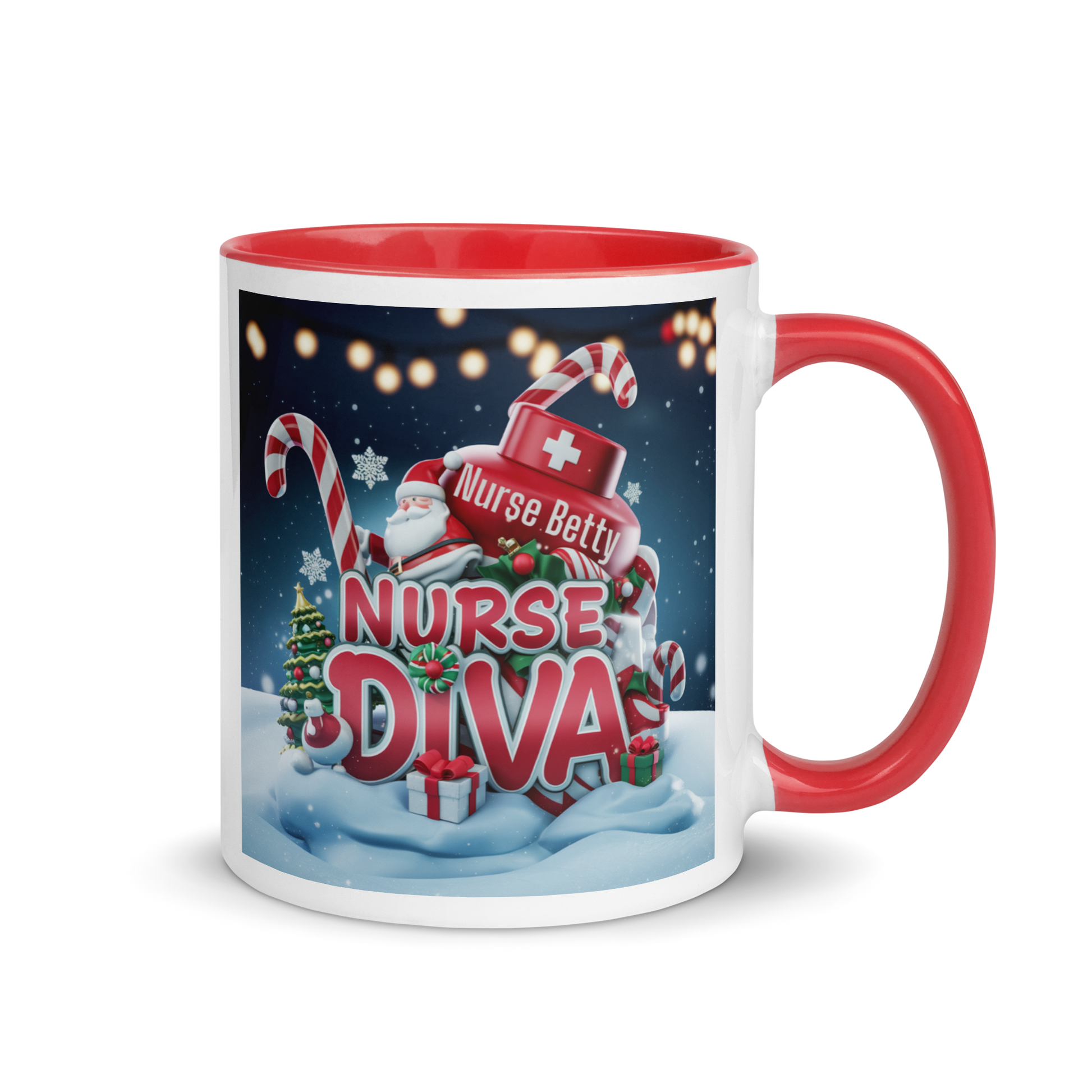 A vibrant "nurse diva" design mug with a red handle and matching inside perfect for Christmas celebrations and personalized gifts for nurses.