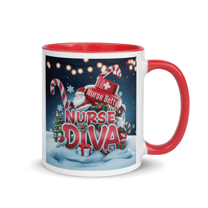 A vibrant "nurse diva" design mug with a red handle and matching inside perfect for Christmas celebrations and personalized gifts for nurses.