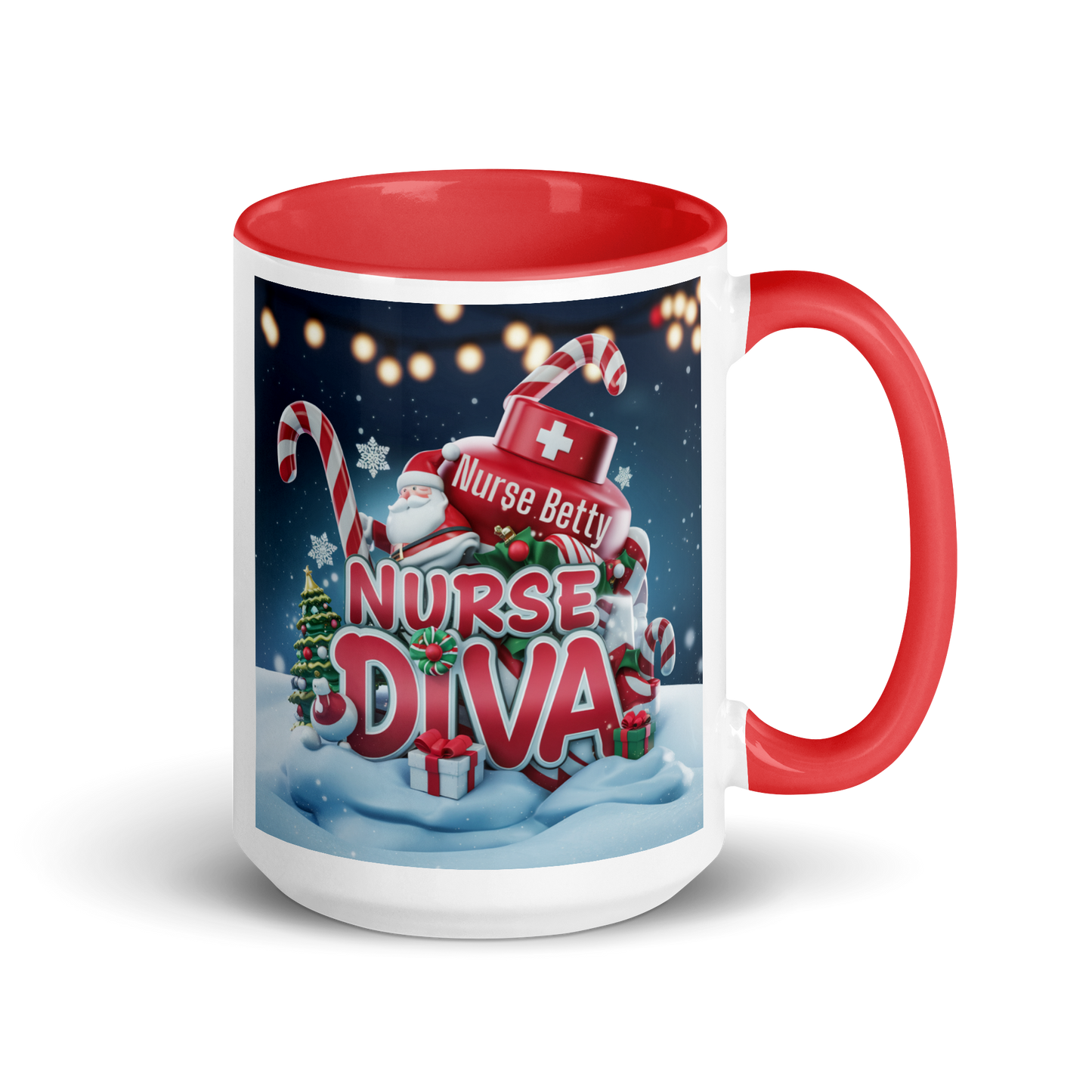 A vibrant "nurse diva" design mug, with a red handle and matching inside perfect for Christmas celebrations and personalized gifts for nurses.