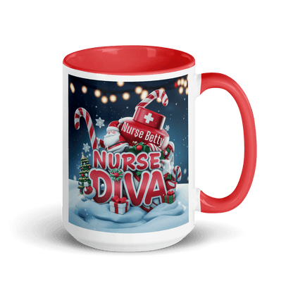 A vibrant "nurse diva" design mug, with a red handle and matching inside perfect for Christmas celebrations and personalized gifts for nurses.