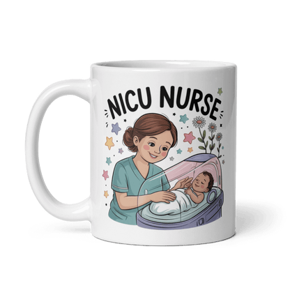 White ceramic mug featuring a cartoon illustration of a smiling nurse in teal scrubs caring for a newborn baby in an incubator, surrounded by colorful stars and flowers, with bold text that reads 'NICU Nurse' above the design."