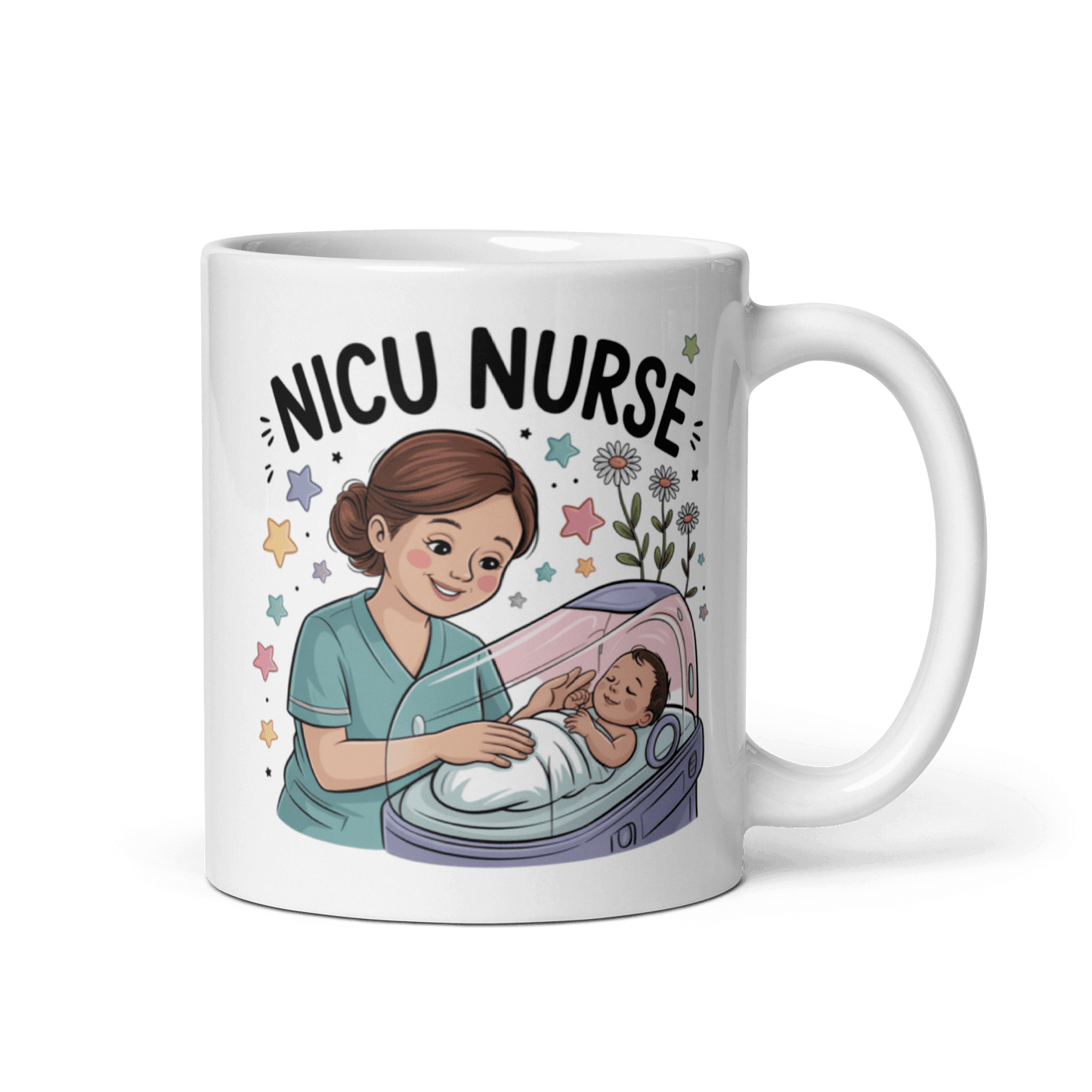 White ceramic mug featuring a cartoon illustration of a smiling nurse in teal scrubs caring for a newborn baby in an incubator, surrounded by colorful stars and flowers, with bold text that reads 'NICU Nurse' above the design."