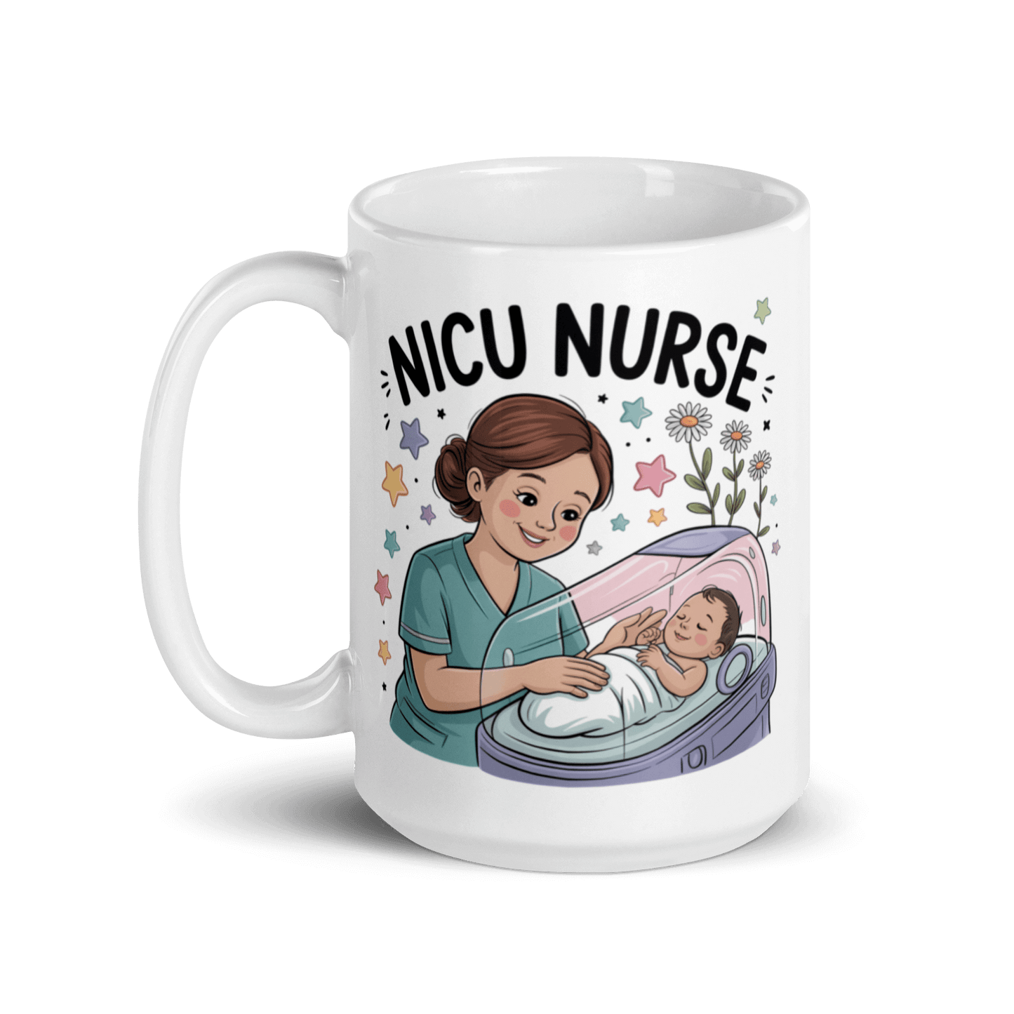 White ceramic mug featuring a cartoon illustration of a smiling nurse in teal scrubs caring for a newborn baby in an incubator, surrounded by colorful stars and flowers, with bold text that reads 'NICU Nurse' above the design."