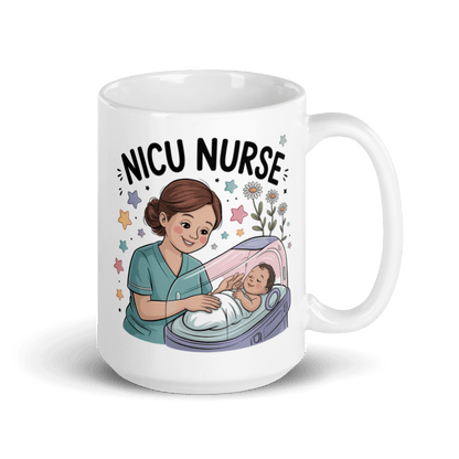 White ceramic mug featuring a cartoon illustration of a smiling nurse in teal scrubs caring for a newborn baby in an incubator, surrounded by colorful stars and flowers, with bold text that reads 'NICU Nurse' above the design."