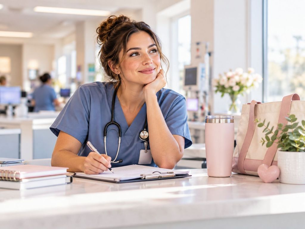 Nurse in blue scrubs at a bright nurses station with a notebook, pink tumbler and tote bag