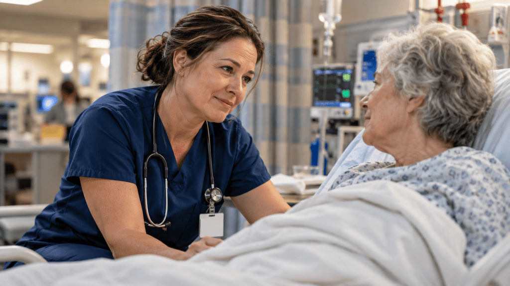 Emergency room nurse listening compassionately to an older patient in a hospital bed.